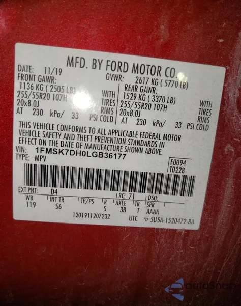 2020 Ford Explorer Xlt из США, поврежденный, VIN 1FMSK7DH0LGB36177